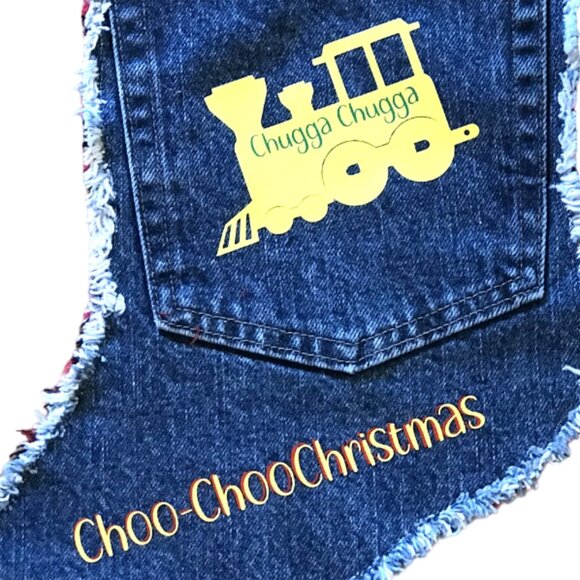Handmade Denim Christmas Stocking w/Jean Pocket, Choo-Choo Train Graphics, S-M - Picture 7 of 9